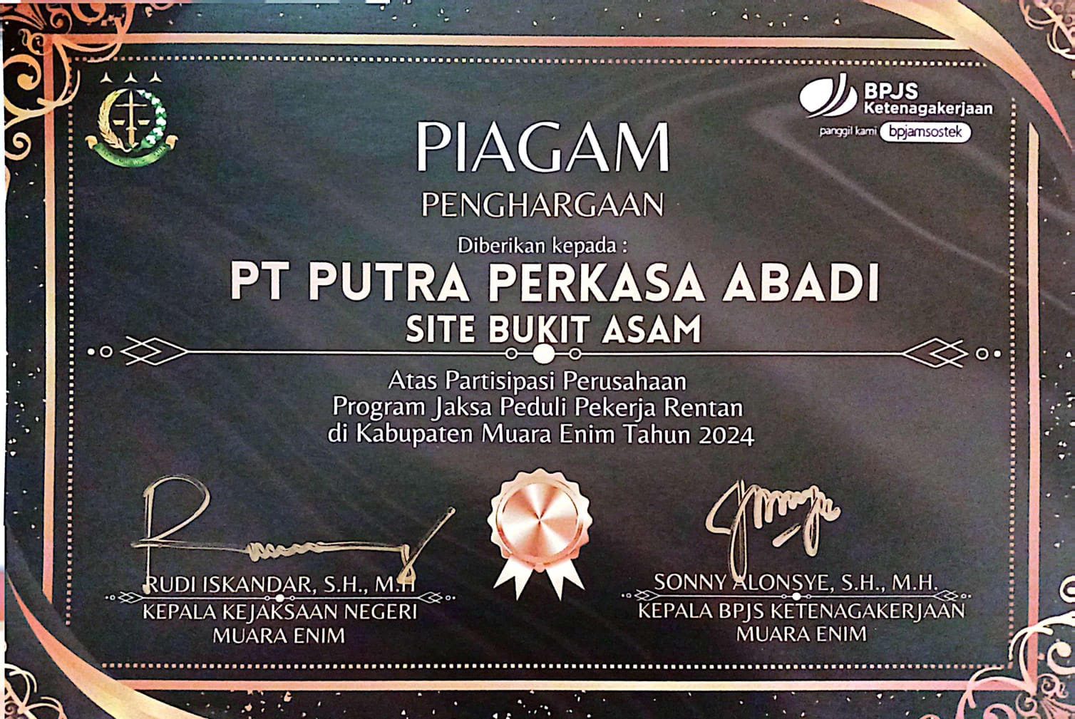 Peduli Pekerja Rentan, PPA Site Bukit Asam Raih penghargaan dari Kejaksaan Negeri Kabupaten Muara Enim